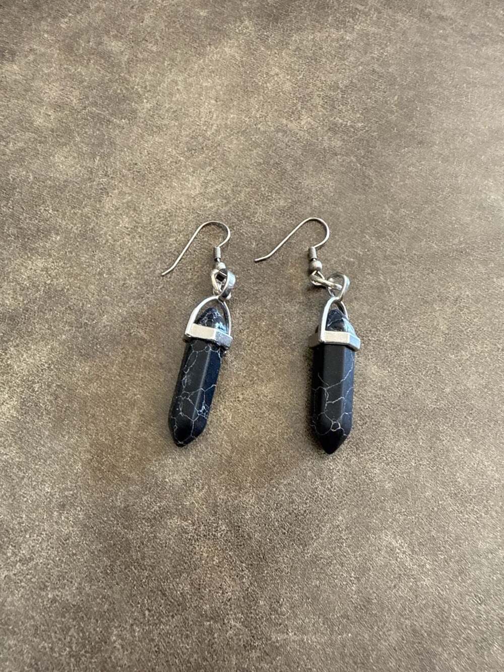 Black Howlite Stone Hexagonal Crystal Point Dangle Earrings